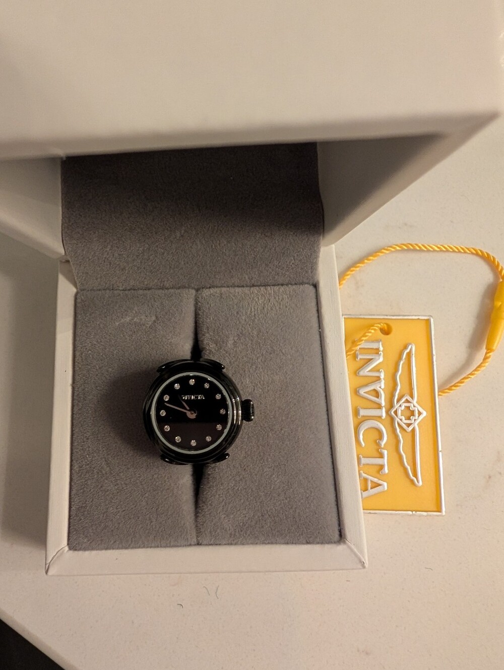 Invicta Black Round Dial Watch Ring with Crystal Hour Markers